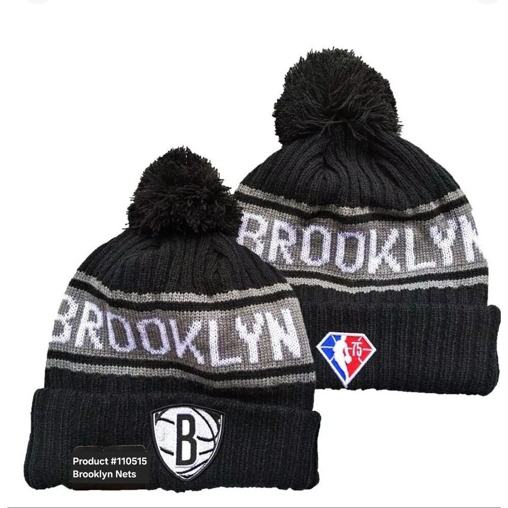 NWT Brooklyn Nets Cuffed Fleece‎ Lined Knit Beanie Removable Pom OSFA Unisex